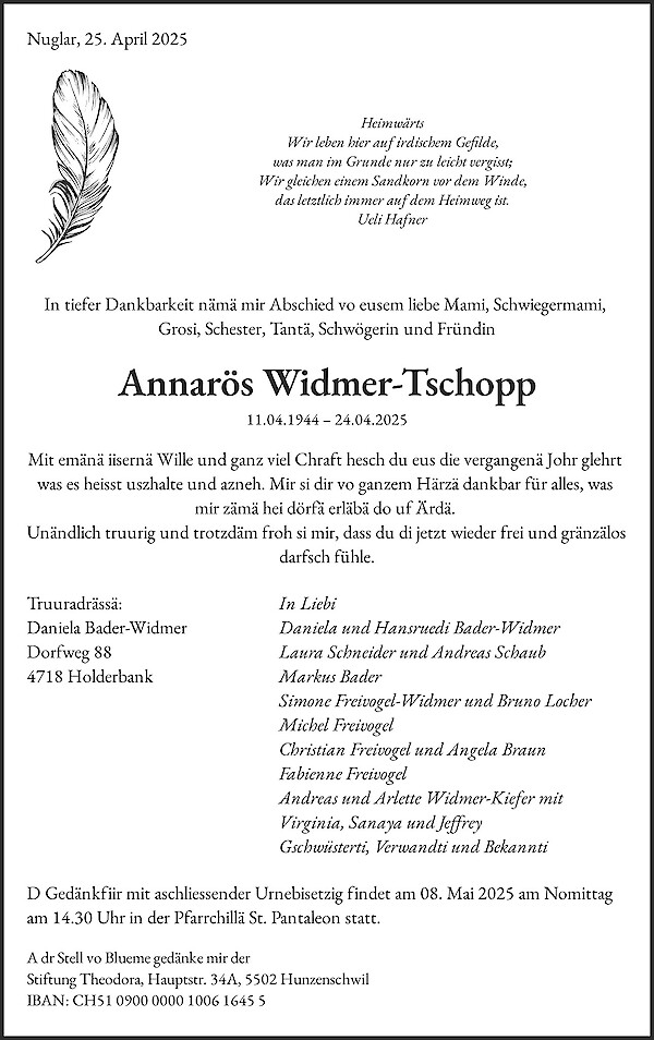 Todesanzeige von Annar&ouml;s Widmer-Tschopp, Nuglar