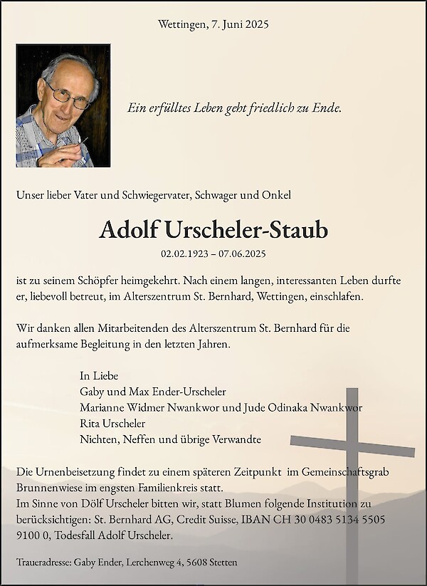 Todesanzeige von Adolf Urscheler-Staub