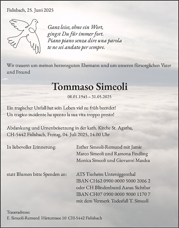 Todesanzeige von Tommaso Simeoli