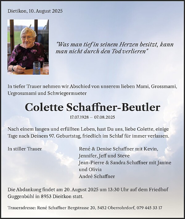 Todesanzeige von Colette Schaffner-Beutler