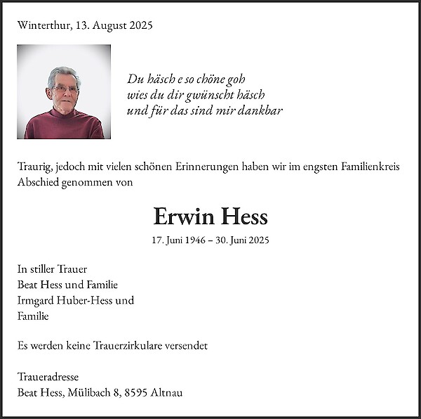 Todesanzeige von Erwin Hess, Winterthur