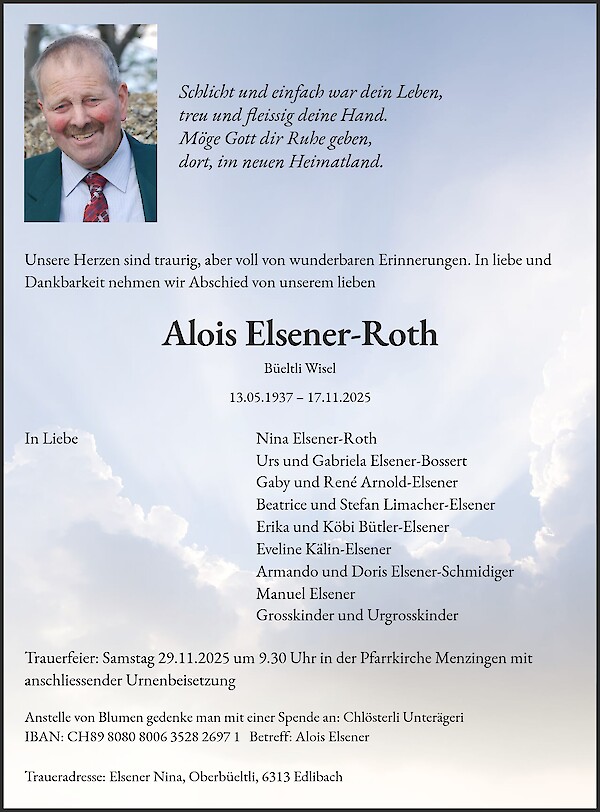 Todesanzeige von Alois Elsener-Roth