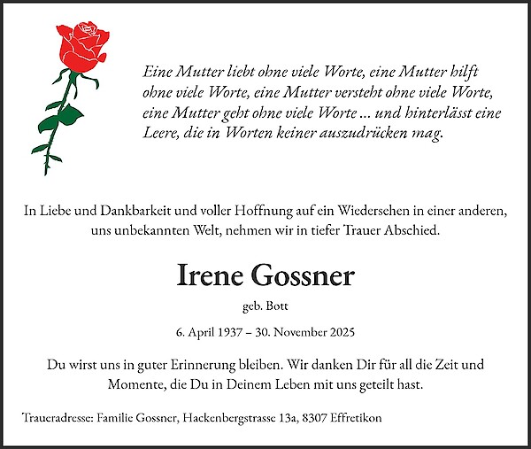 Todesanzeige von Irene Gossner, Effretikon