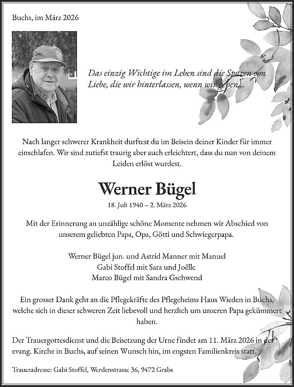 Todesanzeige von Werner B&uuml;gel, Buchs