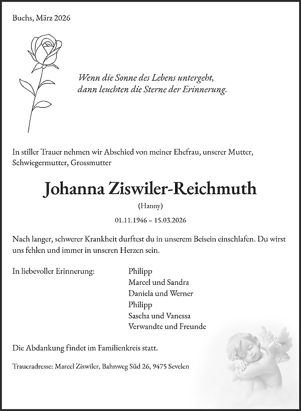 Todesanzeige von Johanna Ziswiler-Reichmuth, Buchs