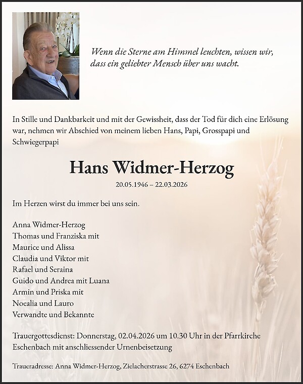 Todesanzeige von Hans Widmer-Herzog