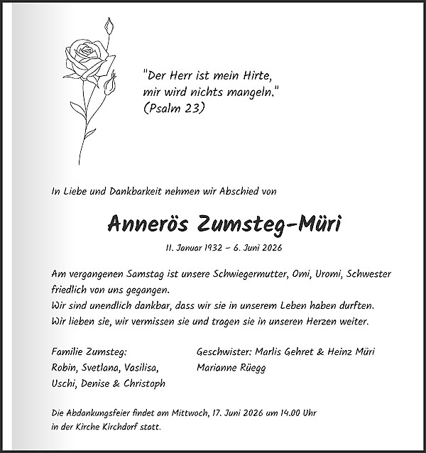 Todesanzeige von Anner&ouml;s Zumsteg-M&uuml;ri, Nussbaumen