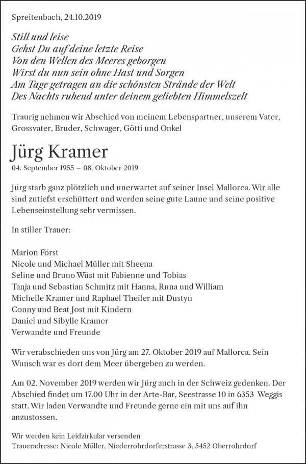 Todesanzeige von J&uuml;rg Kramer, Spreitenbach