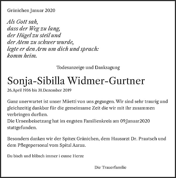 Todesanzeige von Sonja-Sibilla Widmer-Gurtner, Gr&auml;nichen