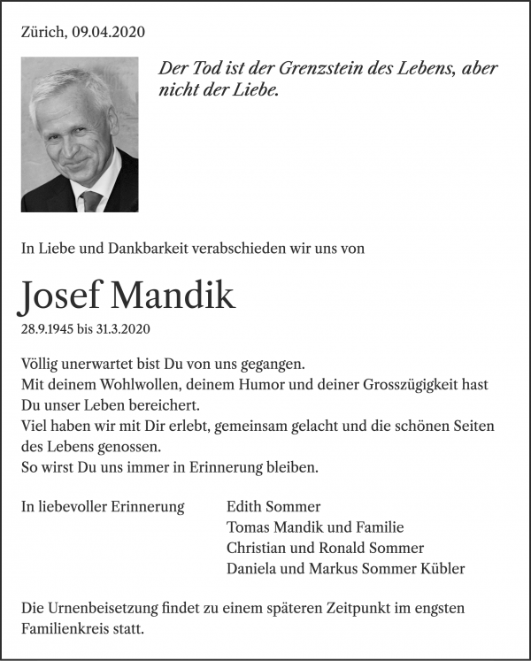 Todesanzeige von Josef Mandik, Z&uuml;rich