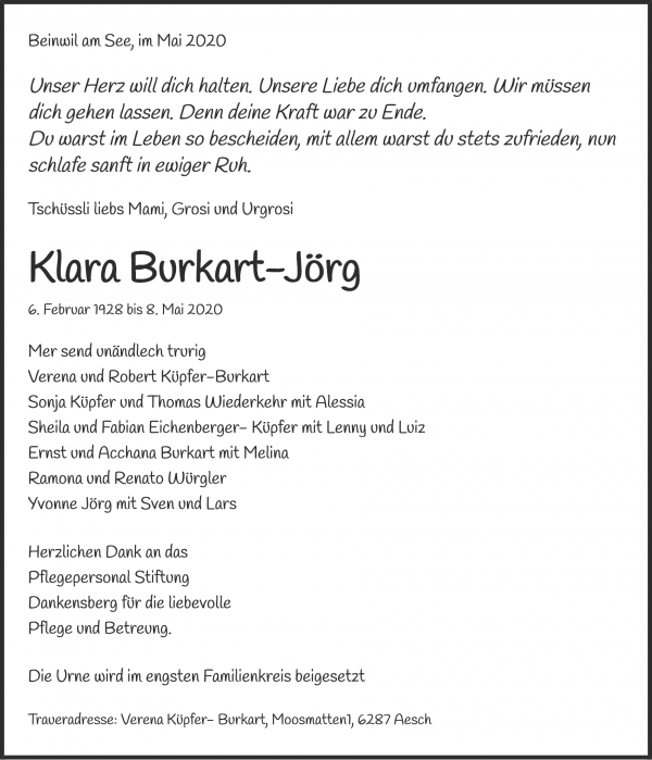 Todesanzeige von Klara Burkart-J&ouml;rg, Beinwil am See