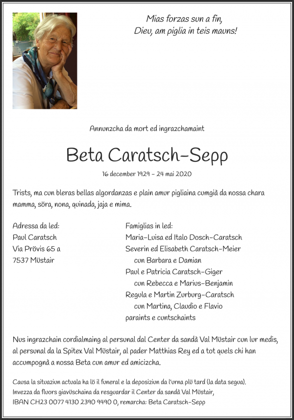 Todesanzeige von Beta Caratsch-Sepp, M&uuml;stair