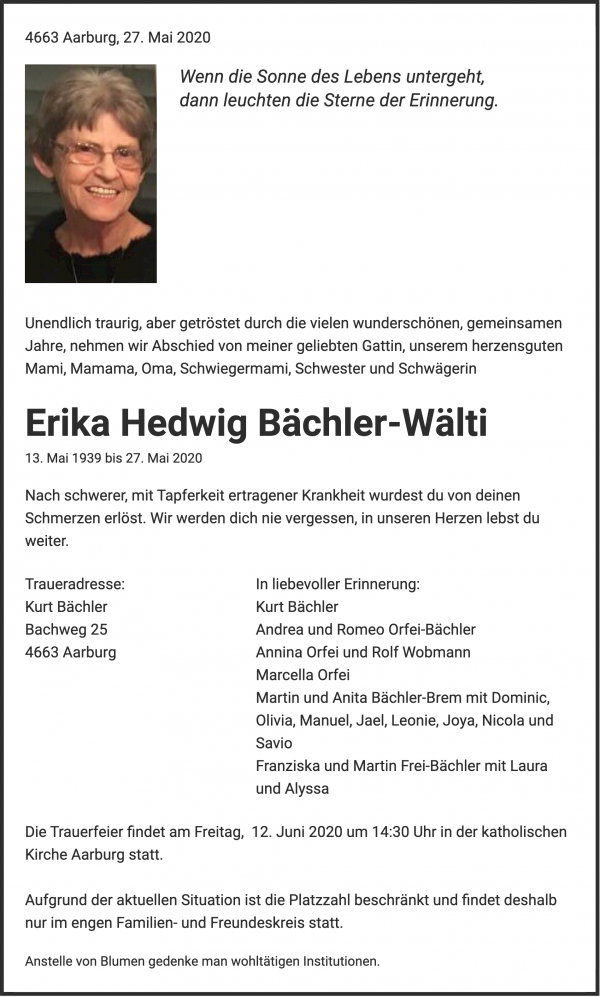 Todesanzeige von Erika Hedwig B&auml;chler-W&auml;lti, Aarburg