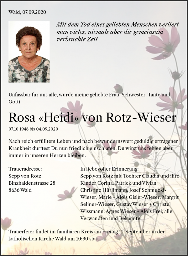 Todesanzeige von Rosa &laquo;Heidi&raquo; von Rotz-Wieser, Wald