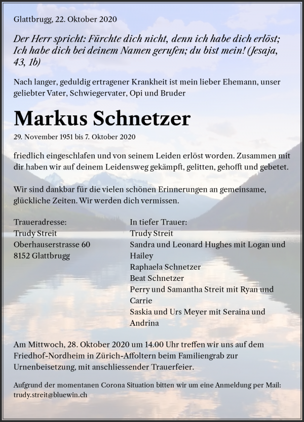 Todesanzeige von Markus Schnetzer, Z&uuml;rich