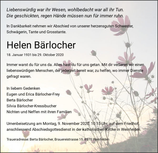 Todesanzeige von Helen B&auml;rlocher, Weinfelden