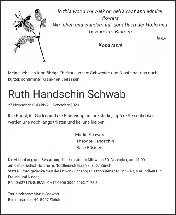 Todesanzeige von Ruth Handschin Schwab, Z&uuml;rich