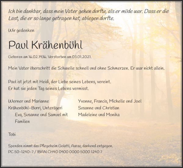 Todesanzeige von Paul Kr&auml;henb&uuml;hl, Aarau