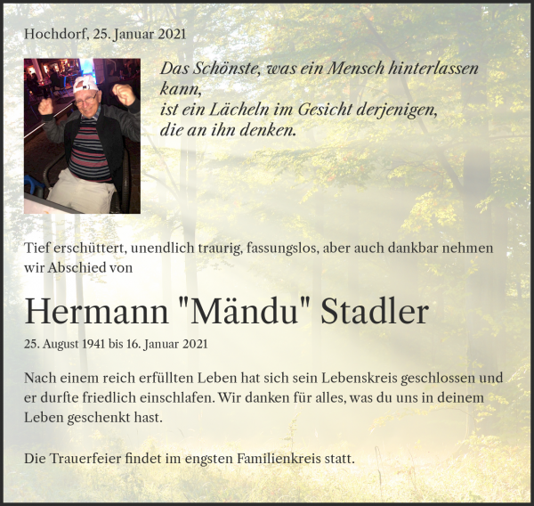 Todesanzeige von Hermann "M&auml;ndu" Stadler, Hochdorf