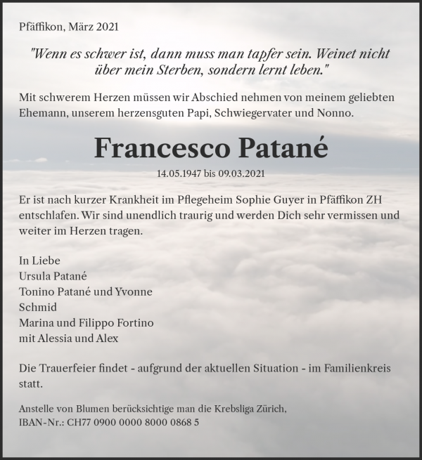 Todesanzeige von Francesco Patan&eacute;, Pf&auml;ffikon