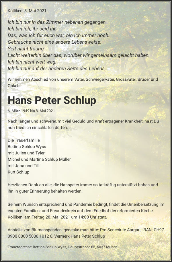 Todesanzeige von Hans Peter Schlup, K&ouml;lliken