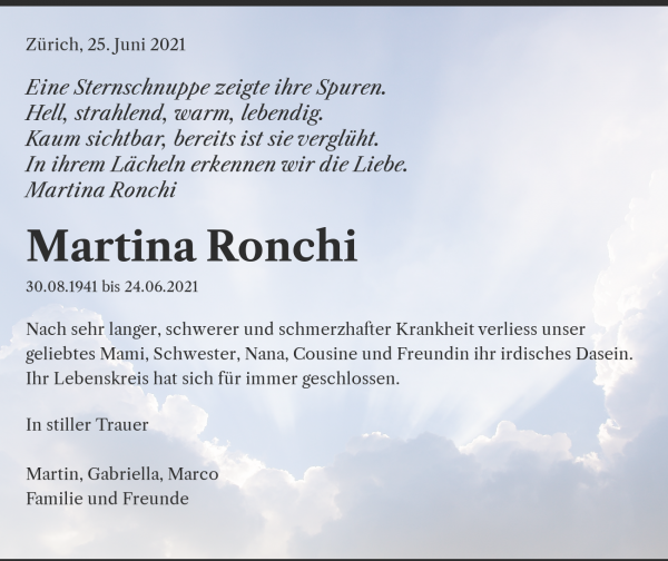 Todesanzeige von Martina Ronchi, Z&uuml;rich