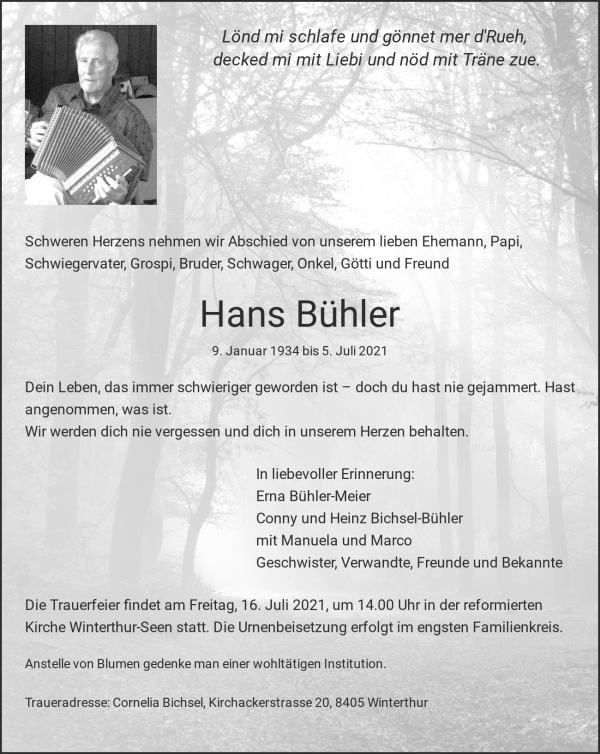 Todesanzeige von Hans B&uuml;hler, Winterthur