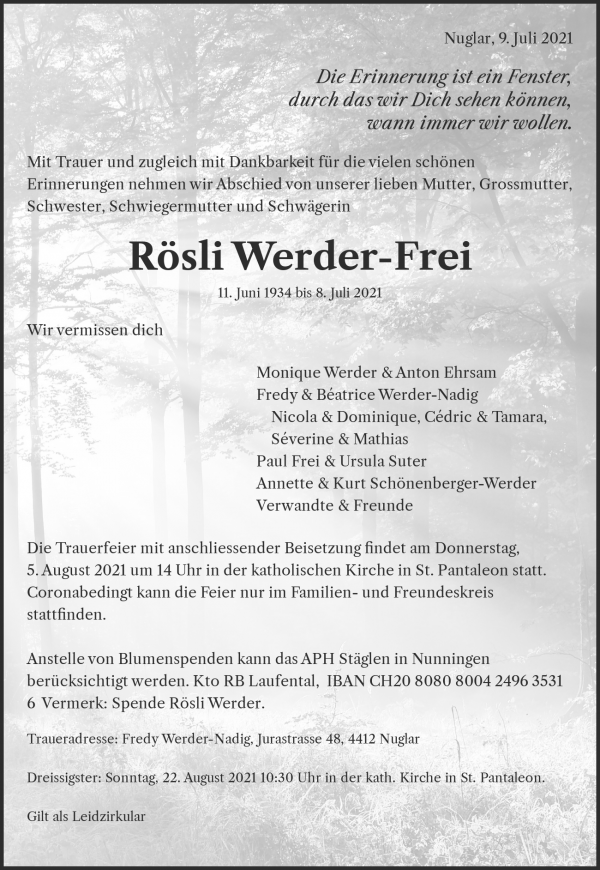 Todesanzeige von R&ouml;sli Werder-Frei, Nuglar