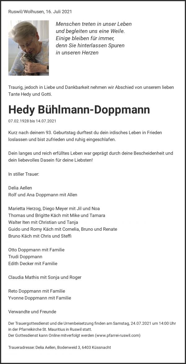 Todesanzeige von Hedy B&uuml;hlmann-Doppmann, Ruswil