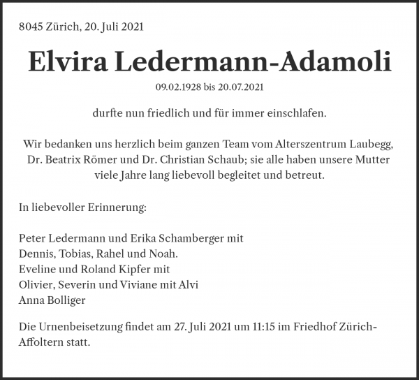 Todesanzeige von Elvira Ledermann-Adamoli, Z&uuml;rich