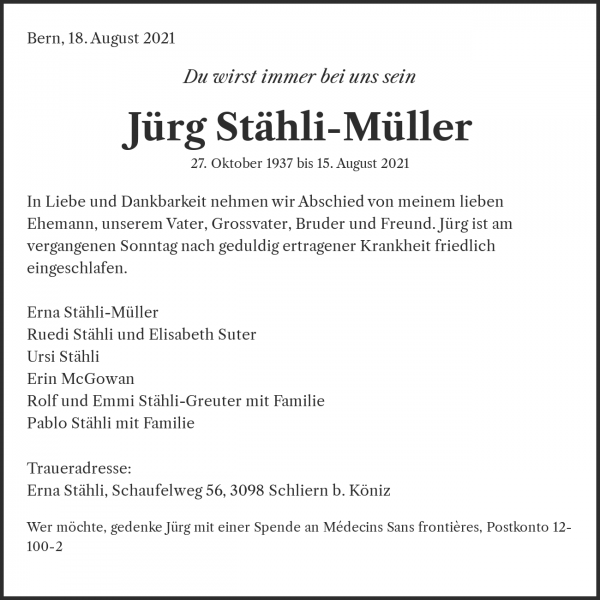 Todesanzeige von J&uuml;rg St&auml;hli-M&uuml;ller, Bern