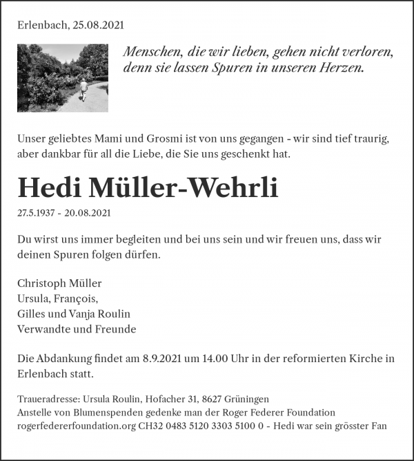 Todesanzeige von Hedi M&uuml;ller-Wehrli, Erlenbach