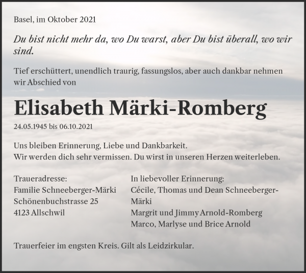 Todesanzeige von Elisabeth M&auml;rki-Romberg, Basel