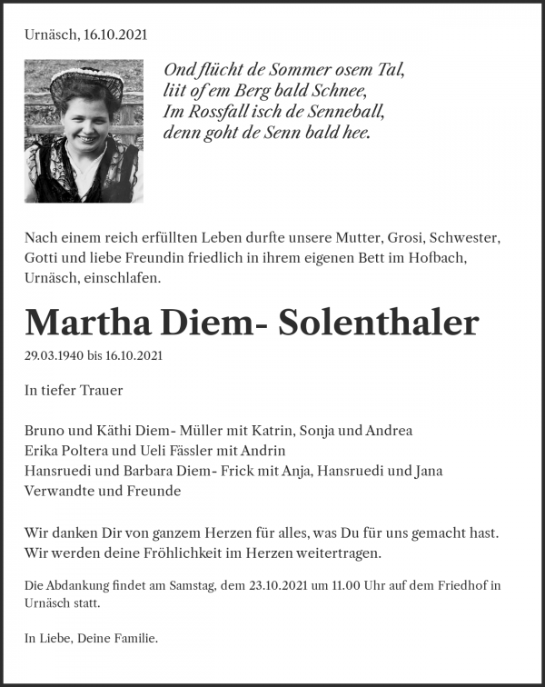 Todesanzeige von Martha Diem- Solenthaler, Urn&auml;sch