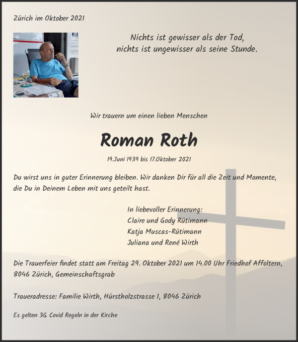 Todesanzeige von Roman Roth, Z&uuml;rich