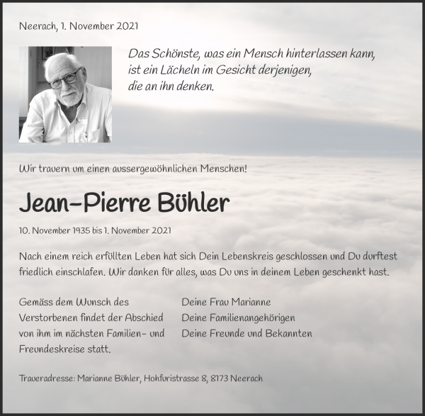 Todesanzeige von Jean-Pierre B&uuml;hler, Neerach