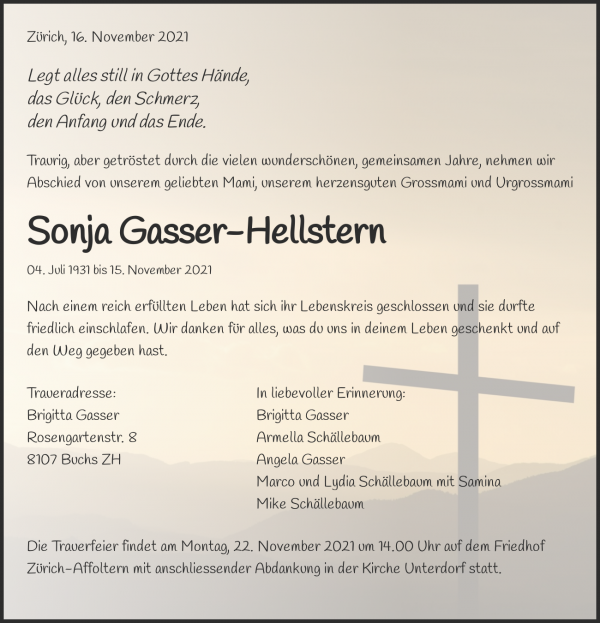 Todesanzeige von Sonja Gasser-Hellstern, Z&uuml;rich