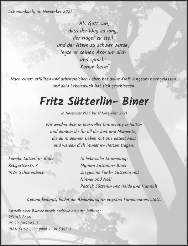 Todesanzeige von Fritz S&uuml;tterlin- Biner, Sch&ouml;nenbuch