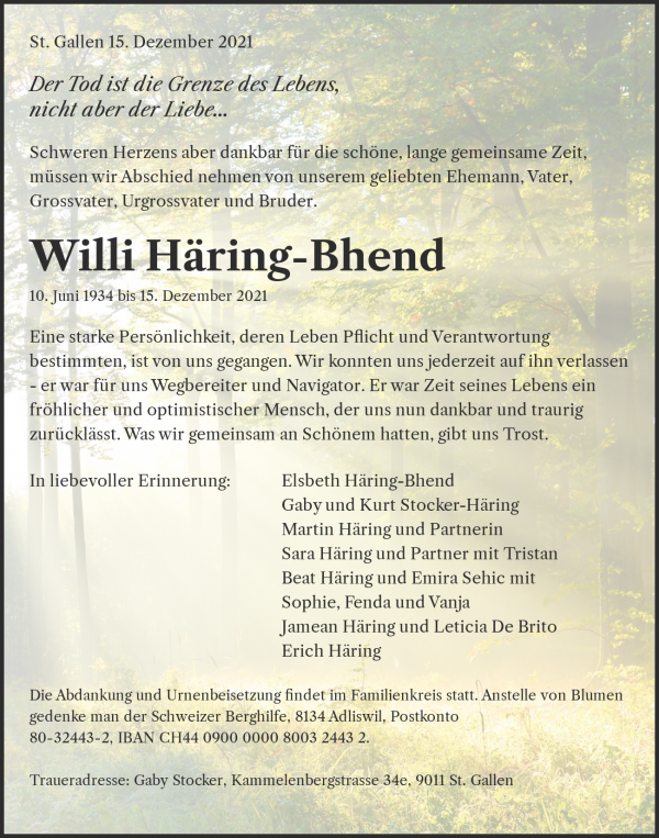Todesanzeige von Willi H&auml;ring-Bhend, St. Gallen