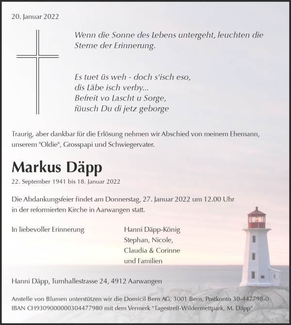 Todesanzeige von Markus D&auml;pp, Aarwangen