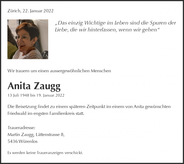 Todesanzeige von Anita Zaugg, Z&uuml;rich