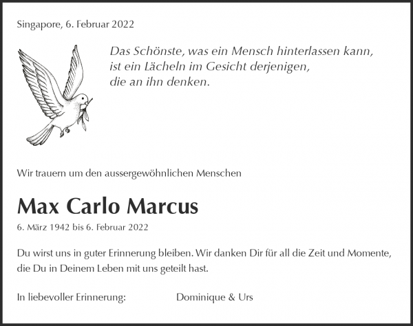 Todesanzeige von Max Carlo Marcus, Z&uuml;rich