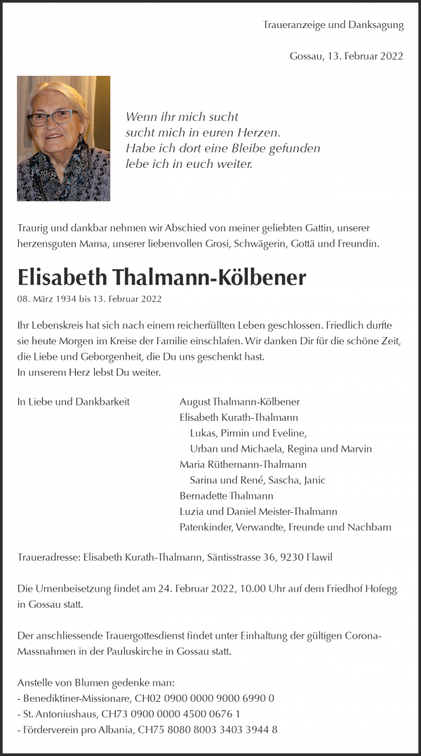 Todesanzeige von Elisabeth Thalmann-K&ouml;lbener, Gossau
