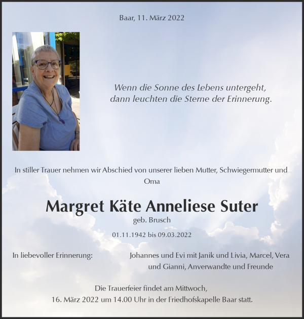 Todesanzeige von Margret K&auml;te Anneliese Suter geb. Brusch, Baar
