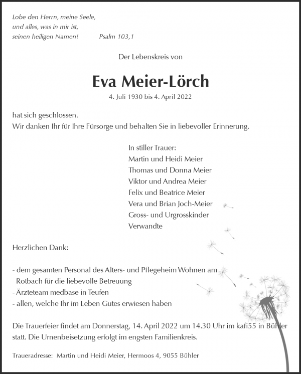 Todesanzeige von Eva Meier-L&ouml;rch, B&uuml;hler