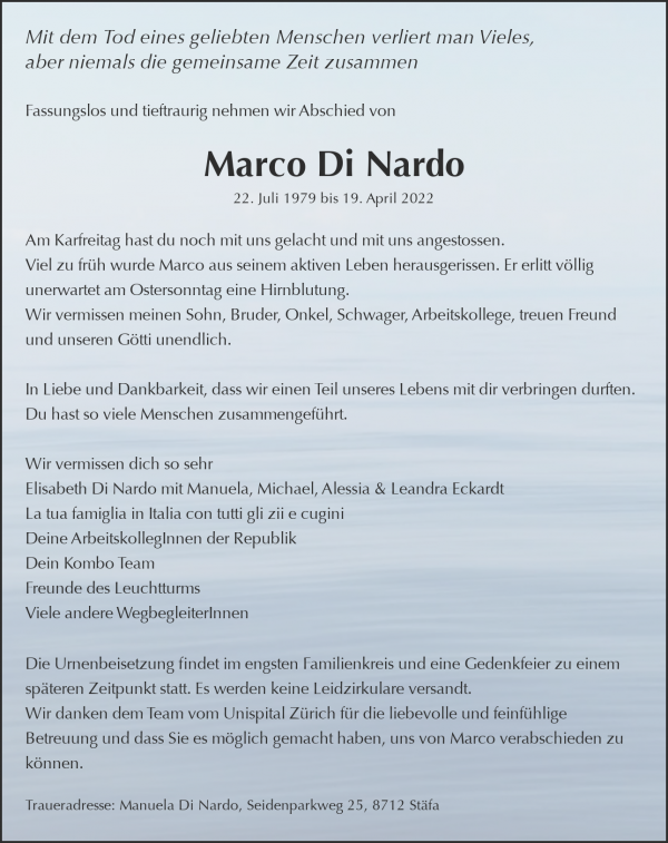 Todesanzeige von Marco Di Nardo, Z&uuml;rich