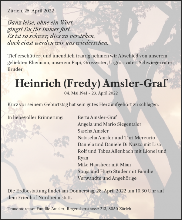 Todesanzeige von Heinrich (Fredy) Amsler-Graf, Z&uuml;rich