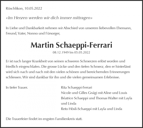 Todesanzeige von Martin Schaeppi-Ferrari, R&uuml;schlikon