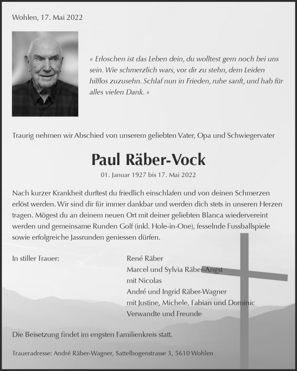Todesanzeige von Paul R&auml;ber-Vock, Wohlen