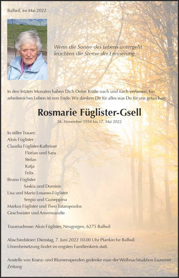 Todesanzeige von Rosmarie F&uuml;glister-Gsell, Ballwil